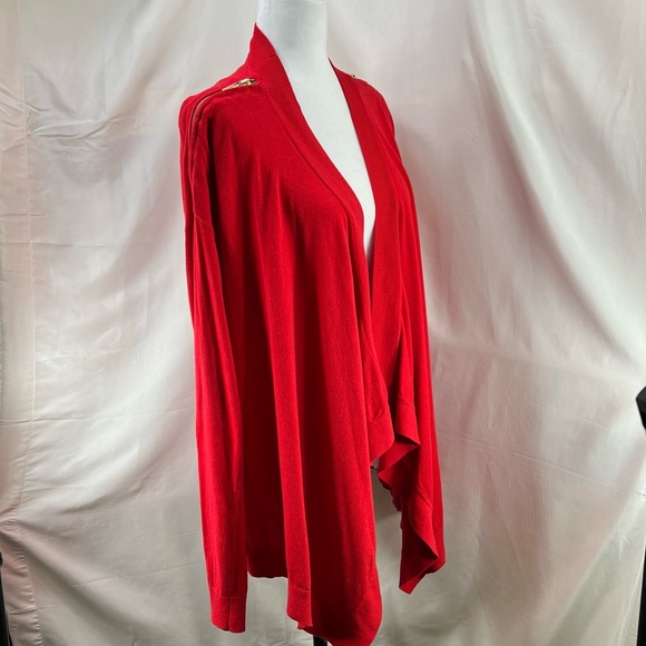 MICHAEL Michael Kors Rich Red Open Knit Cardigan w Zipper Shoulders Full Wrap L - Picture 3 of 15